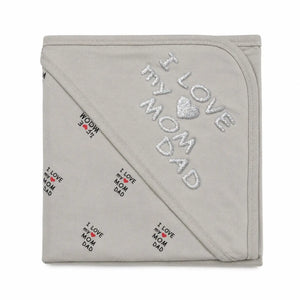 Grey baby wrapping sheet with I Love My Mom Dad silver heart design