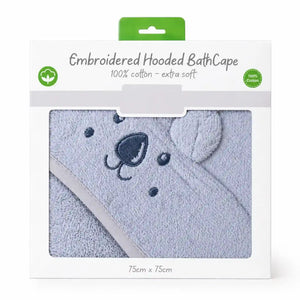 Blue 100% cotton hooded baby bath towel with embroidered design, 75 x 75 cm