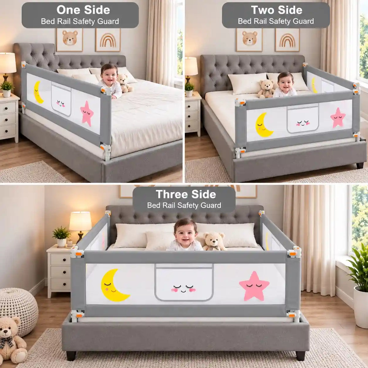 Grey baby bed rail safety guard showing one side, two side and three side bed protection setup 