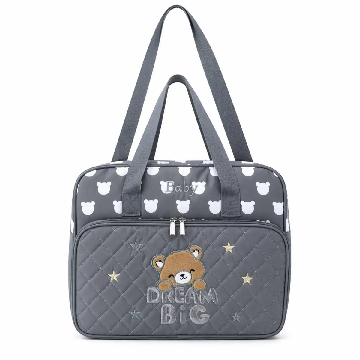 Grey teddy baby diaper bag with multiple storage compartments