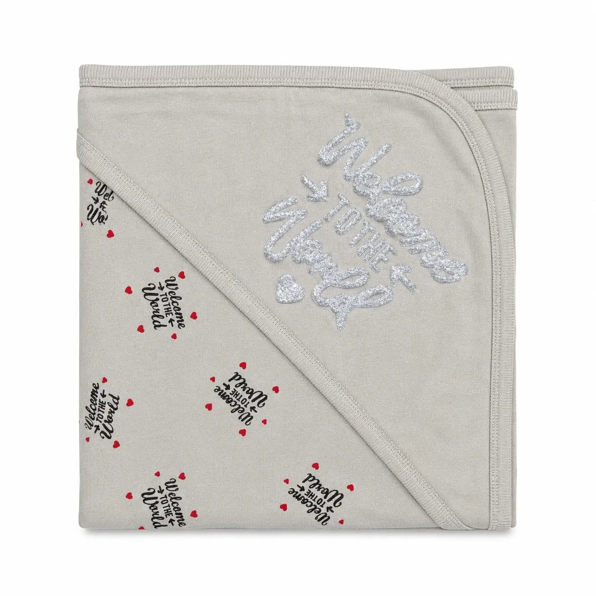 Grey baby wrapping sheet with Welcome to the World print