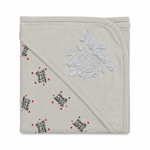 Grey baby wrapping sheet with Welcome to the World print