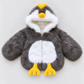 Kids grey and white faux fur penguin hooded winter jacket with yellow beak, 3D penguin feet and front zipper