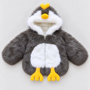 Kids grey and white faux fur penguin hooded winter jacket with yellow beak, 3D penguin feet and front zipper