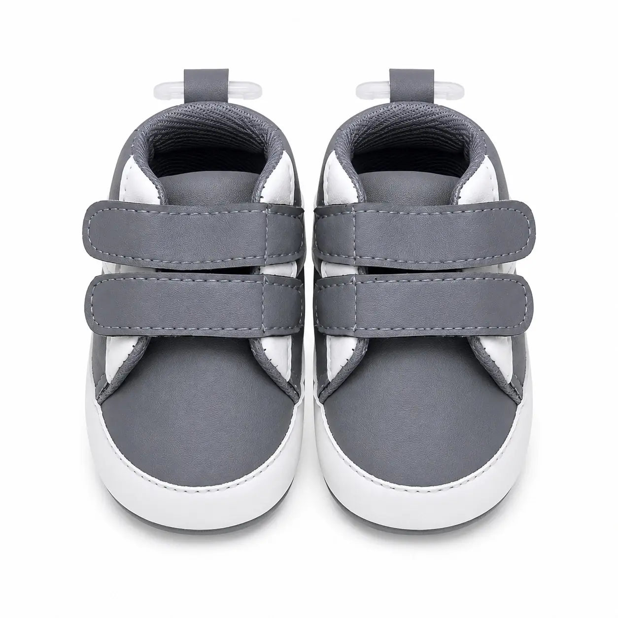 Grey and white prewalker shoes for baby boys with adjustable dual straps