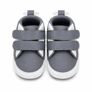 Grey and white prewalker shoes for baby boys with adjustable dual straps