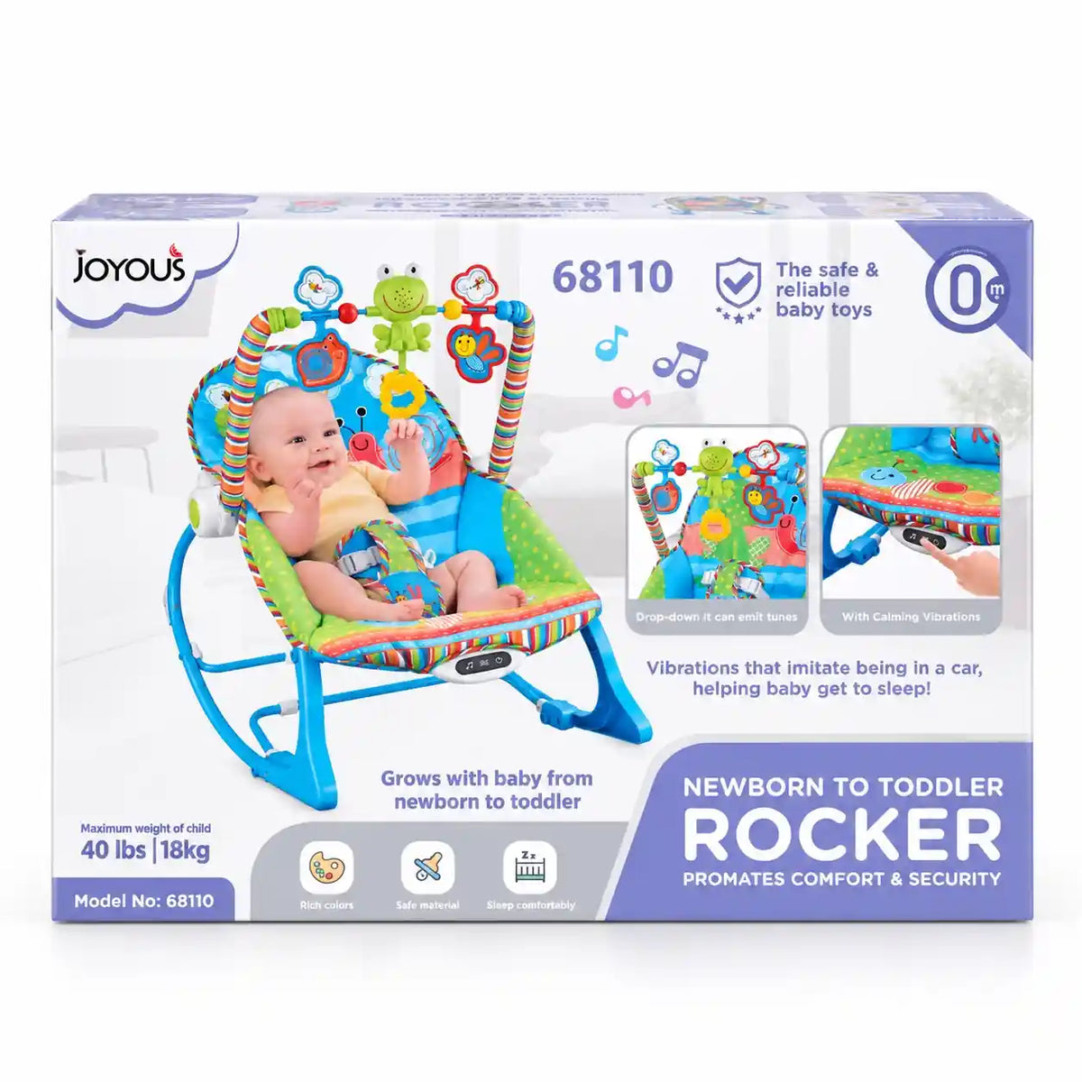 Joyous baby rocker 68110 product box with music vibration and 18kg capacity
