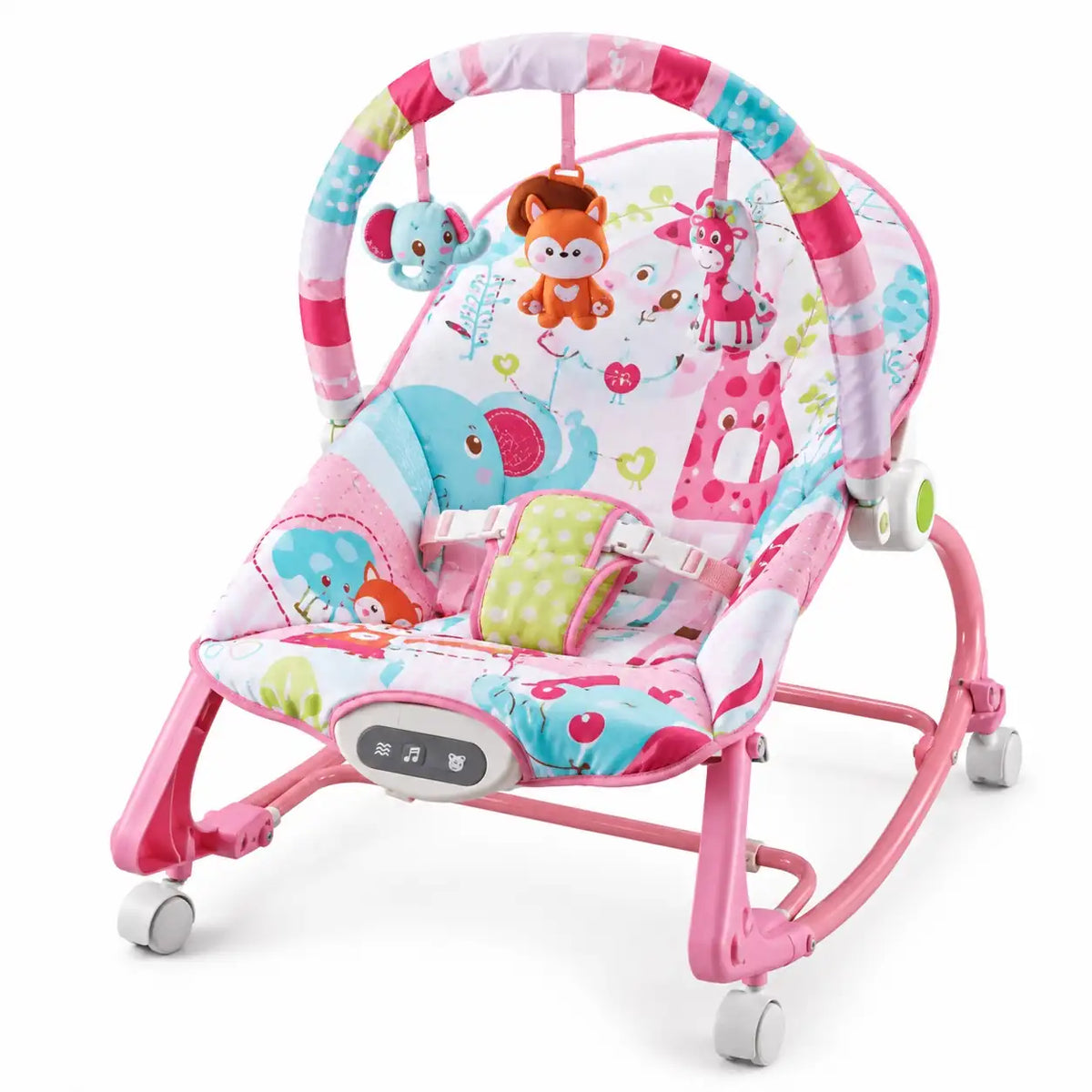 Joyous pink baby rocker 6921 angled view with padded seat and toy bar