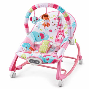 Joyous pink baby rocker 6921 angled view with padded seat and toy bar