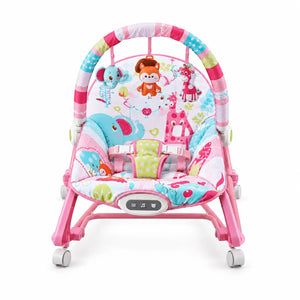 Joyous baby rocker 6921 front view with safety harness and hanging toys