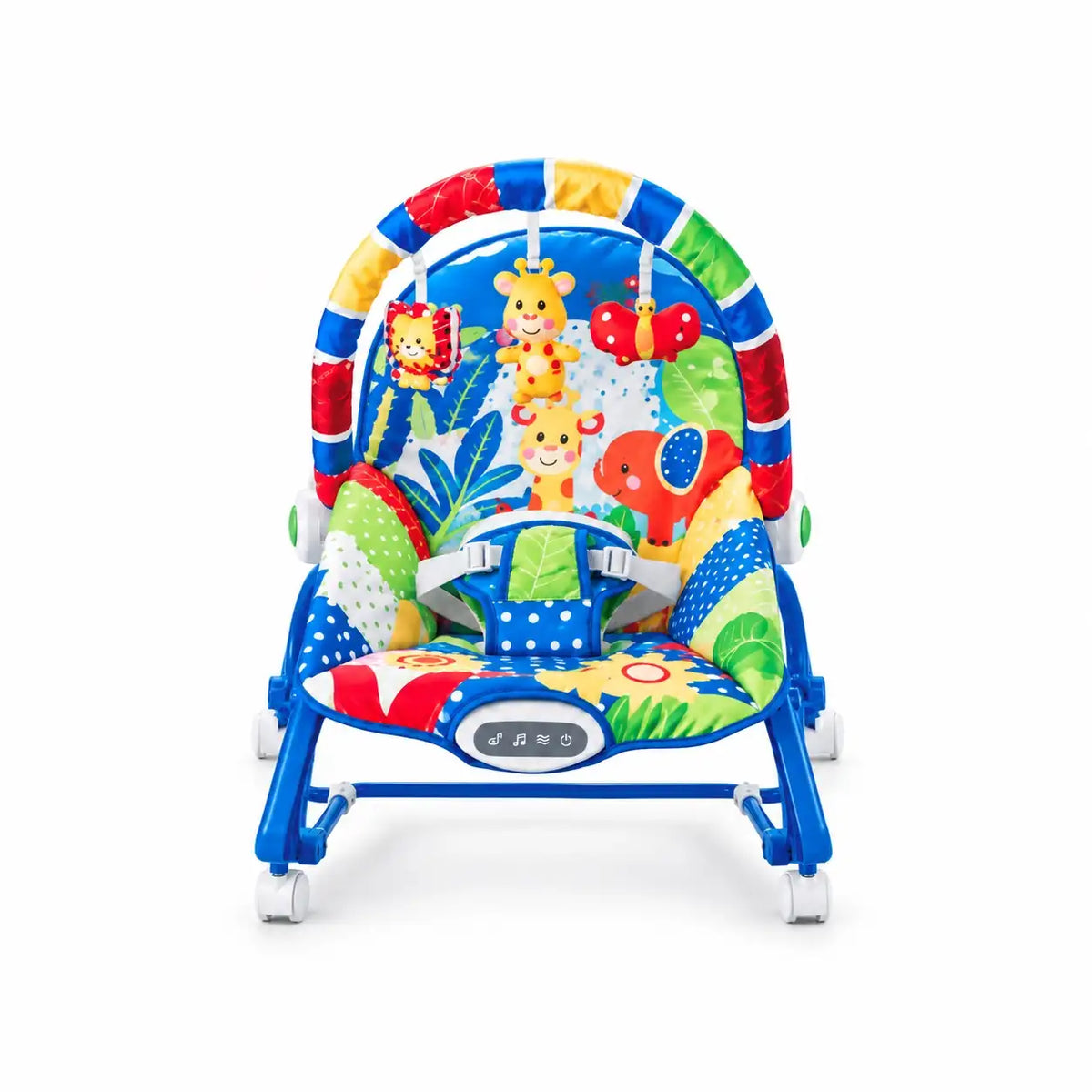 Joyous baby rocker 6922 front view with padded seat and hanging toys
