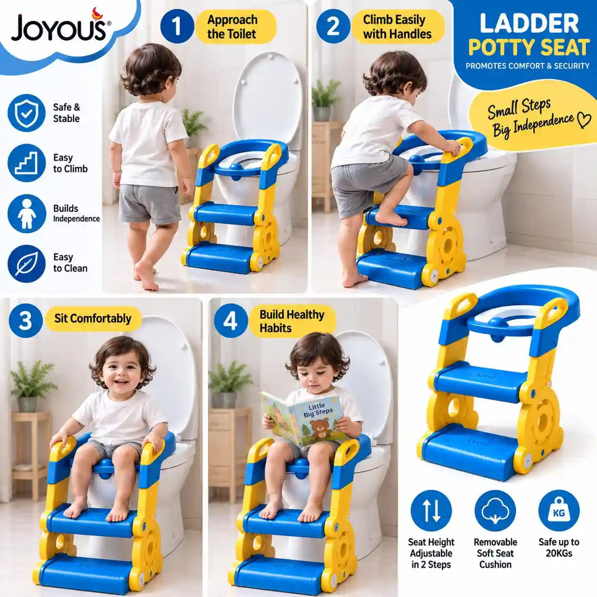 Kids using ladder potty training seat with steps and handles