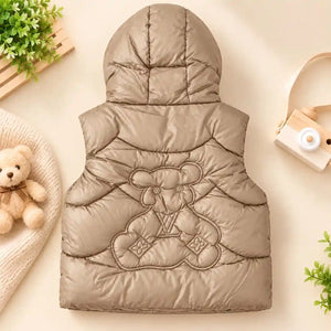 Khaki Kids Hooded Parachute Sando Jacket with Bear Patch and Pockets