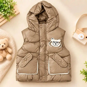 Khaki Kids Hooded Puffer Sando Jacket Back View with Bear Design