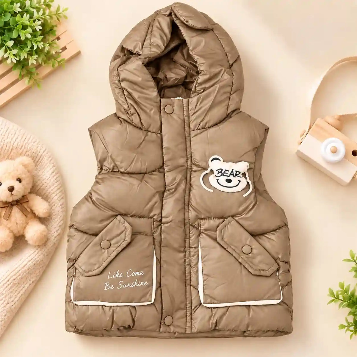 Khaki Kids Hooded Parachute Puffer Sando Jacket Front View