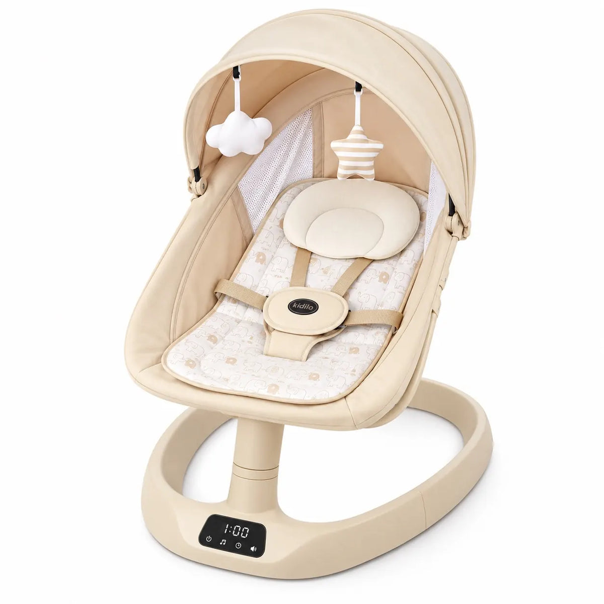 Kidilo RC-001 electric baby swing and bassinet in beige with canopy and hanging toys