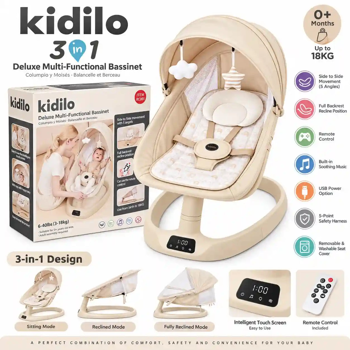 Kidilo RC-001 baby swing and bassinet with baby, remote control and adjustable modes