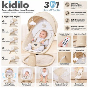 Kidilo RC003 3-in-1 electric baby swing with 5 adjustable recline angles and remote control