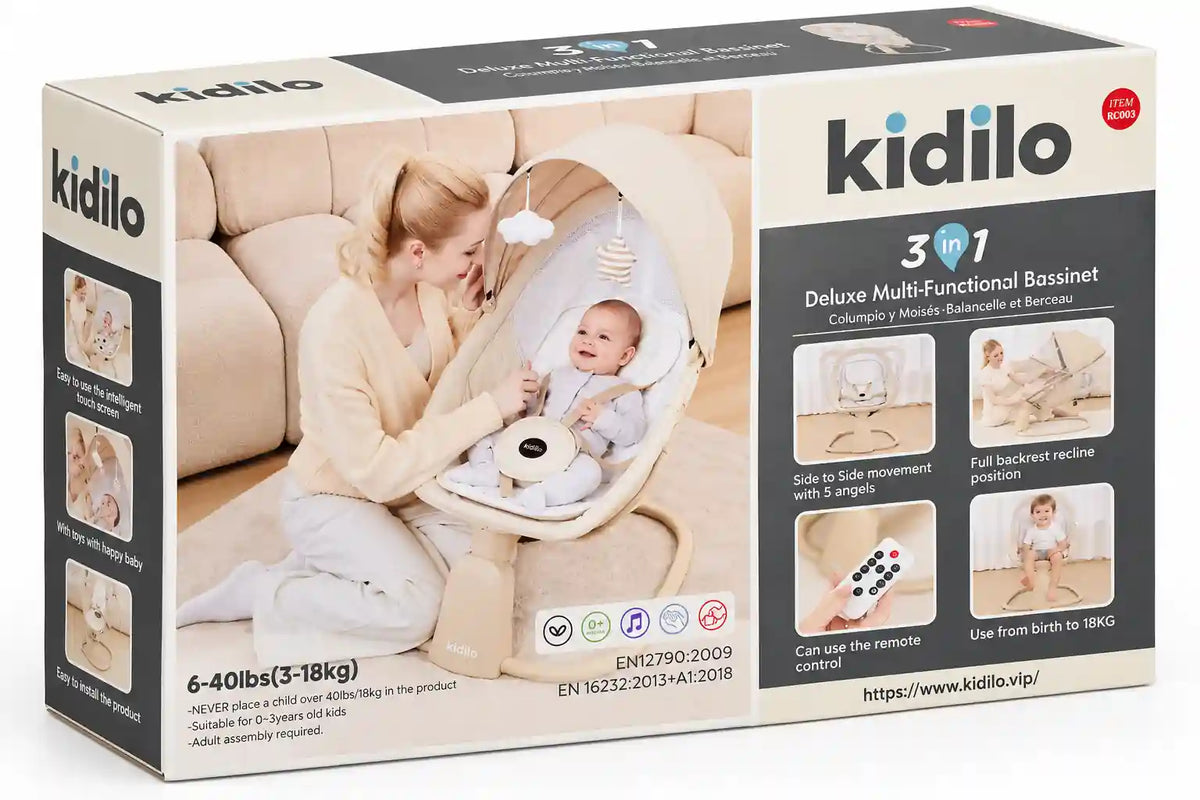 Kidilo RC003 3-in-1 Deluxe Multi-Functional Baby Bassinet and Electric Swing retail box