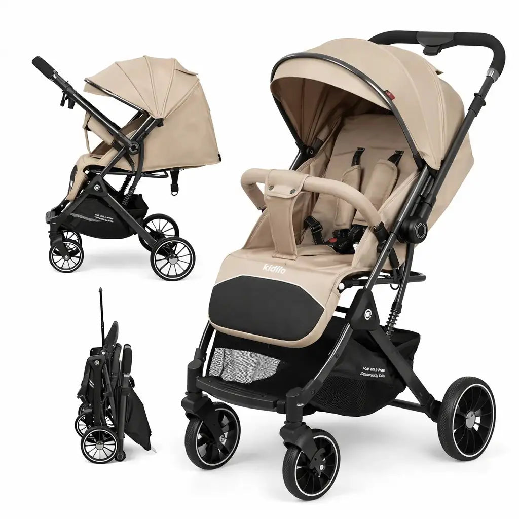 Kidilo 535 Baby Stroller in Khaki with Foldable Frame Adjustable Seat and Safety Harness