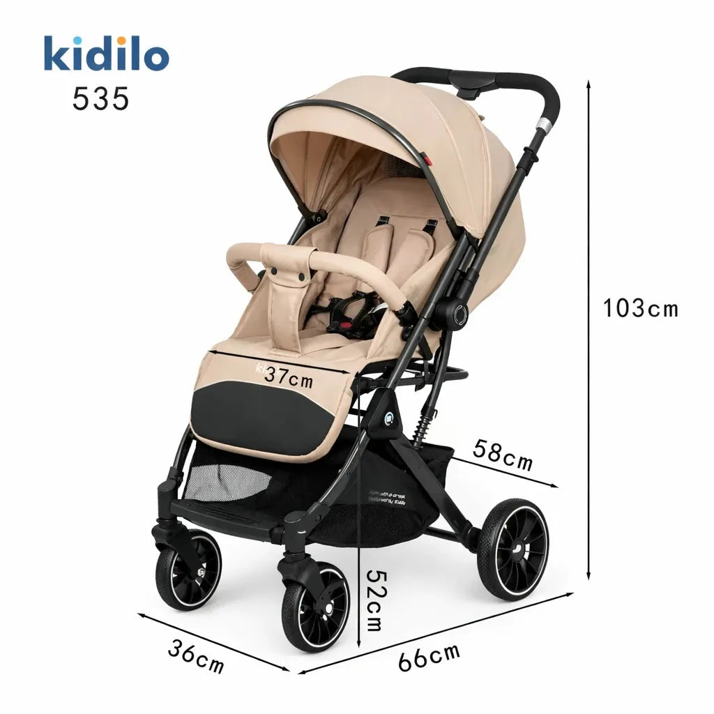 Kidilo 535 Baby Stroller in Khaki Showing Product Size and Dimensions