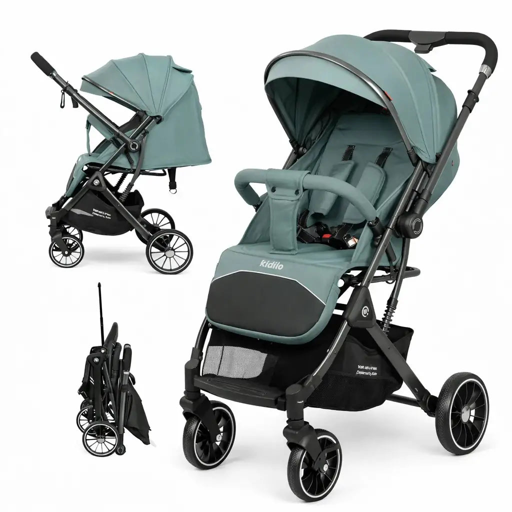 Kidilo 535 Baby Stroller in Green with High View Seat Shock Absorbing Wheels and Canopy