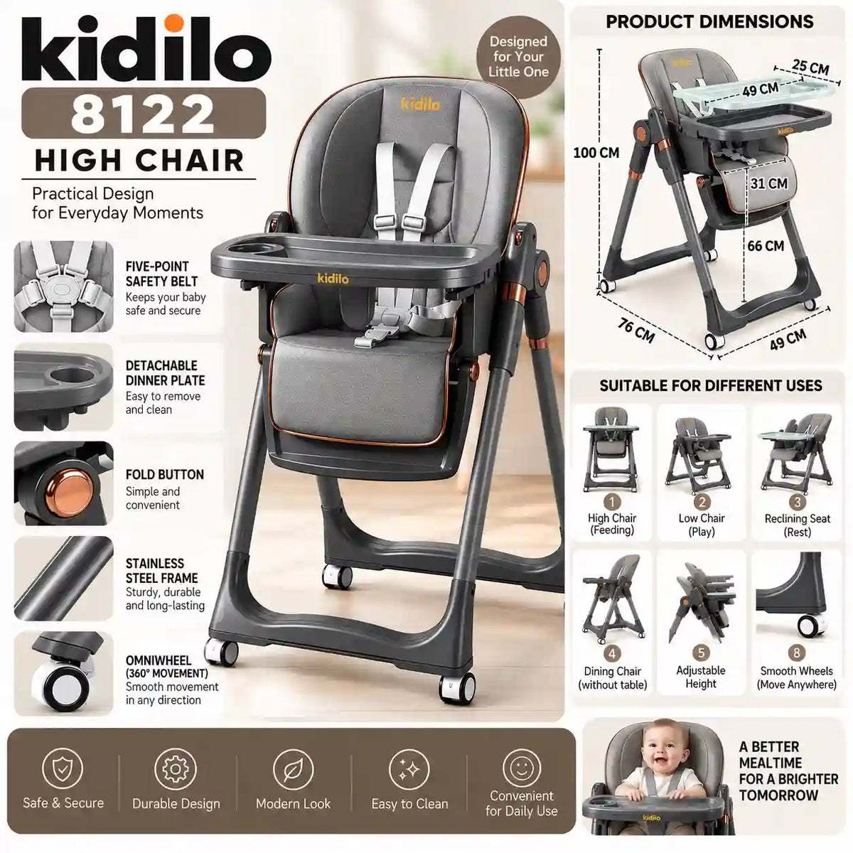 Kidilo 8122 baby high chair with 5-point safety belt, detachable feeding tray, adjustable height, reclining seat, wheels and product dimensions