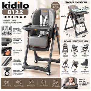 Kidilo 8122 baby high chair with 5-point safety belt, detachable feeding tray, adjustable height, reclining seat, wheels and product dimensions