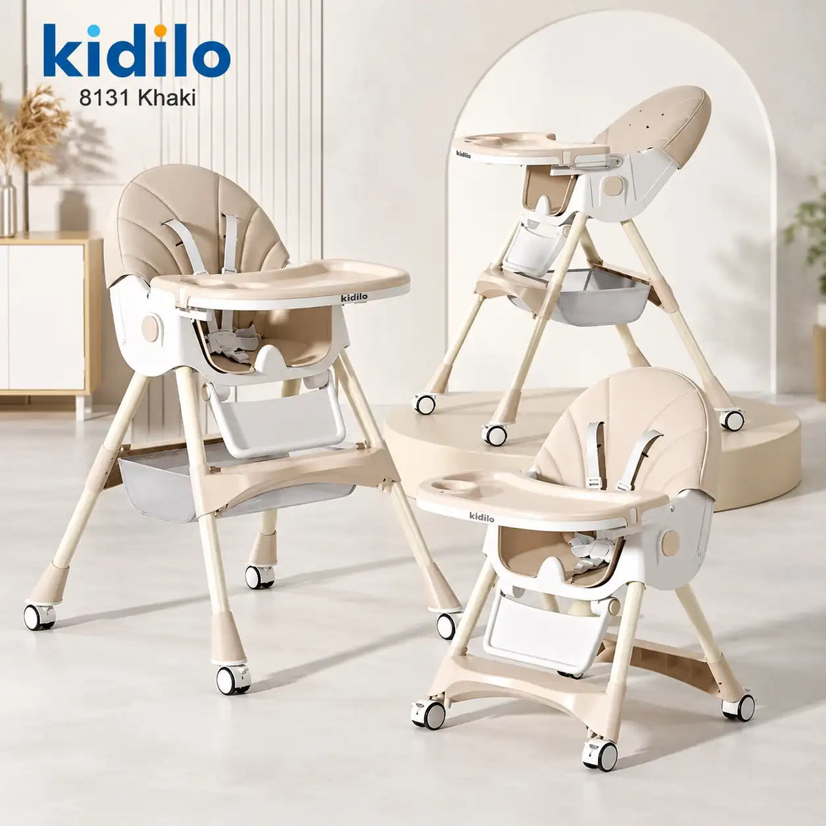 Kidilo 8131 adjustable baby high chair in Khaki with padded reclining seat