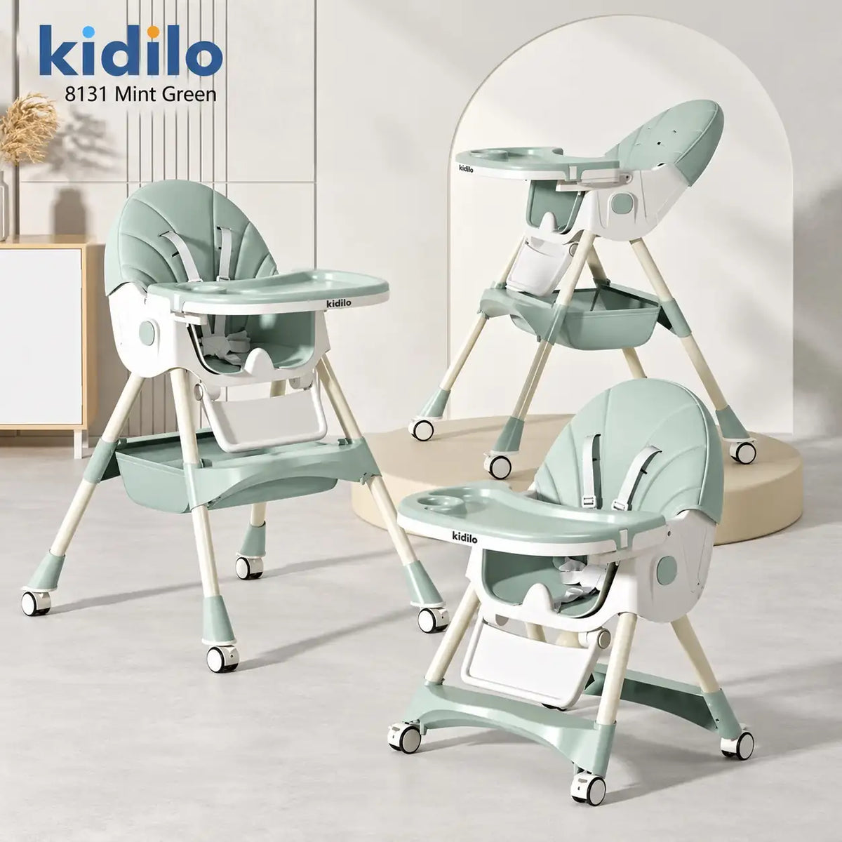 Kidilo 8131 multifunctional baby high chair in Mint Green with feeding tray and wheels