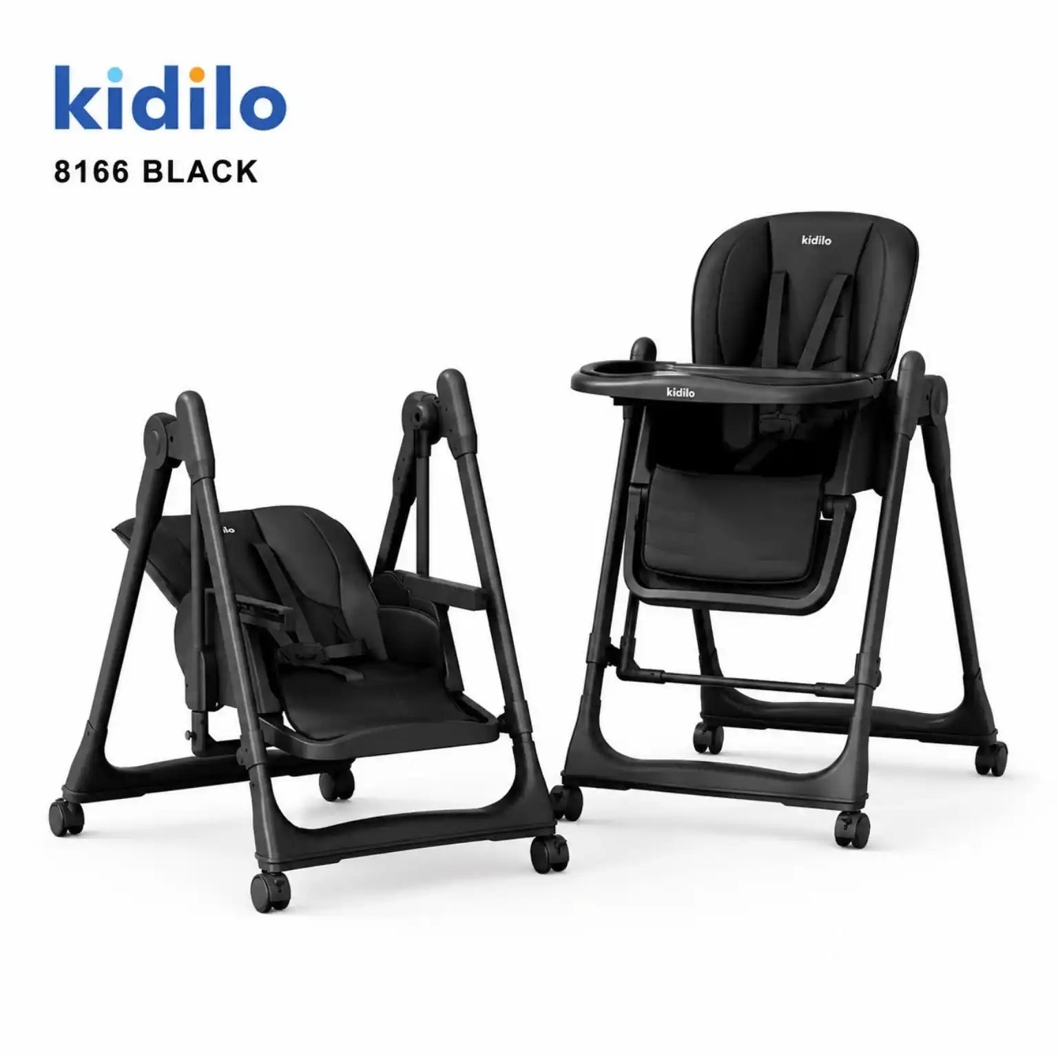 Kidilo 8166 multifunctional baby high chair and swing in black with adjustable tray and wheeled frame