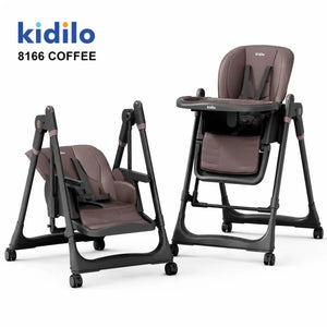 Kidilo 8166 baby high chair and swing in coffee color with reclining seat and adjustable feeding tray