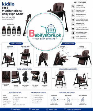 Kidilo 8166 multifunctional baby high chair and swing features, dimensions, safety harness and adjustable positions