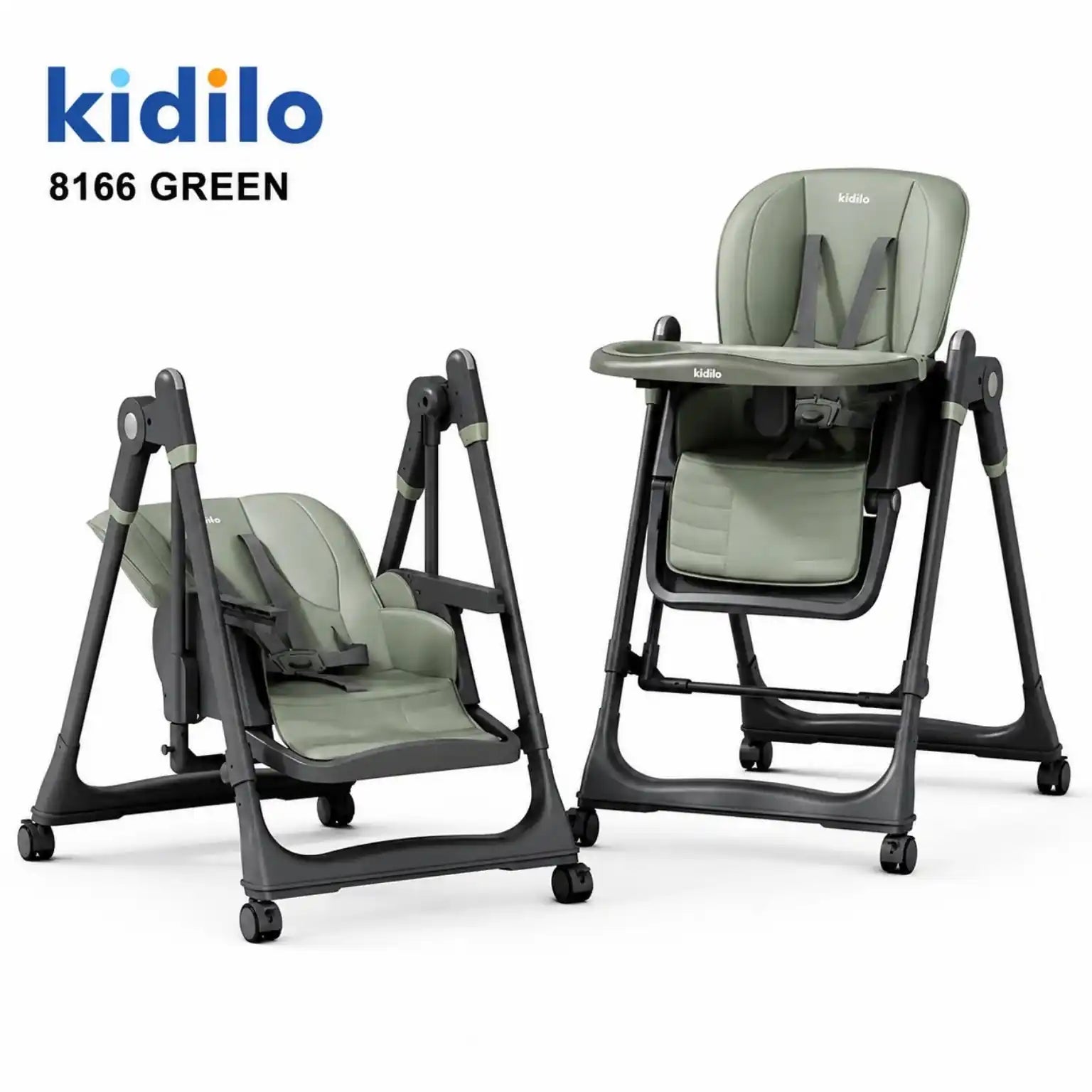 Kidilo 8166 2-in-1 baby high chair and swing in green with safety harness and adjustable seat