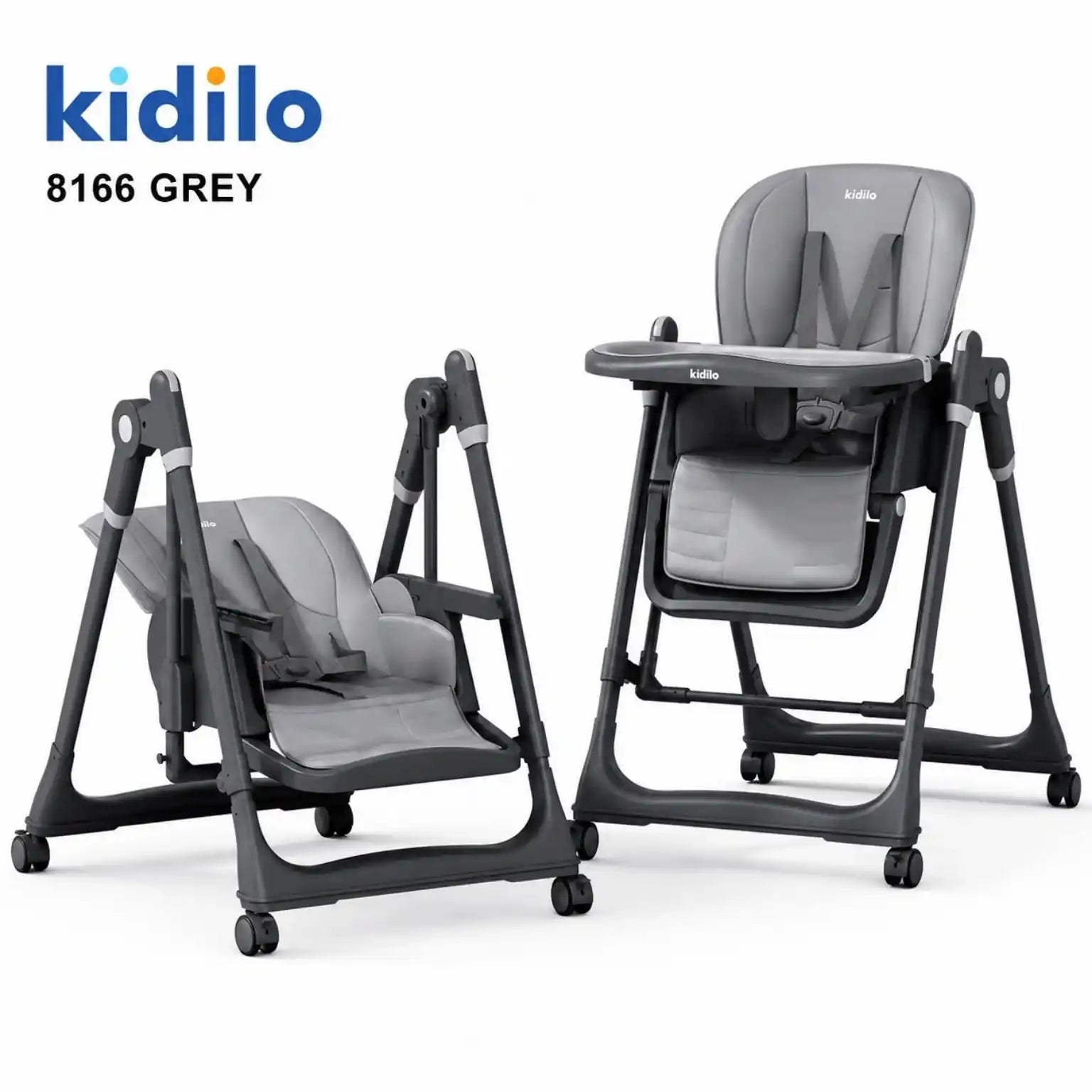 Kidilo 8166 multifunctional baby high chair and swing in grey with removable feeding tray and wheels