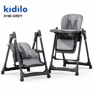 Kidilo 8166 multifunctional baby high chair and swing in grey with removable feeding tray and wheels