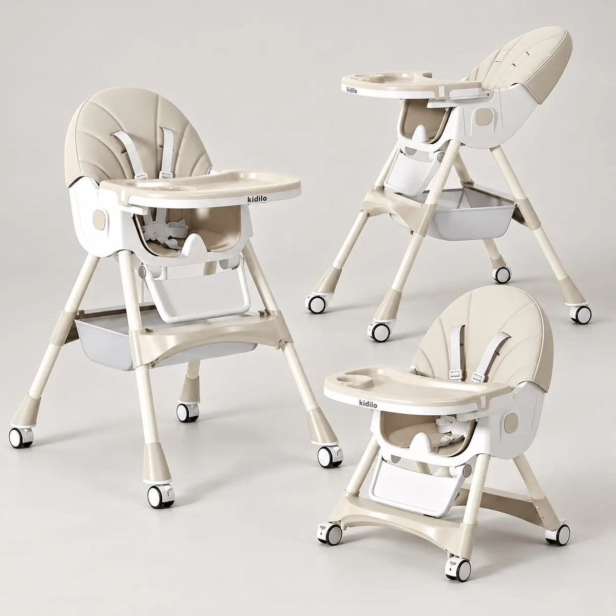 Kidilo 8131 Beige Foldable Baby High Chair with Padded Seat