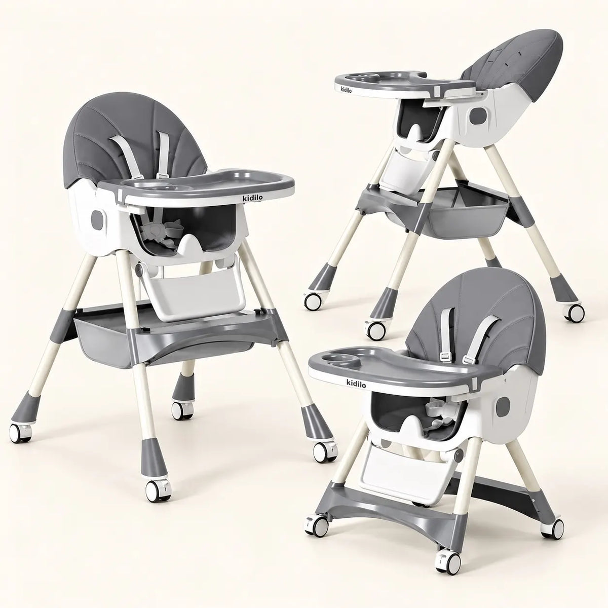 Kidilo 8131 Grey Baby High Chair with Adjustable Height and Reclining Seat