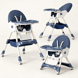 Kidilo 8131 Navy Blue Baby Feeding High Chair with Tray and Wheels