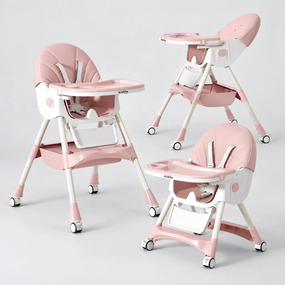 Kidilo 8131 Pink Baby High Chair with Reclining Backrest and Safety Harness