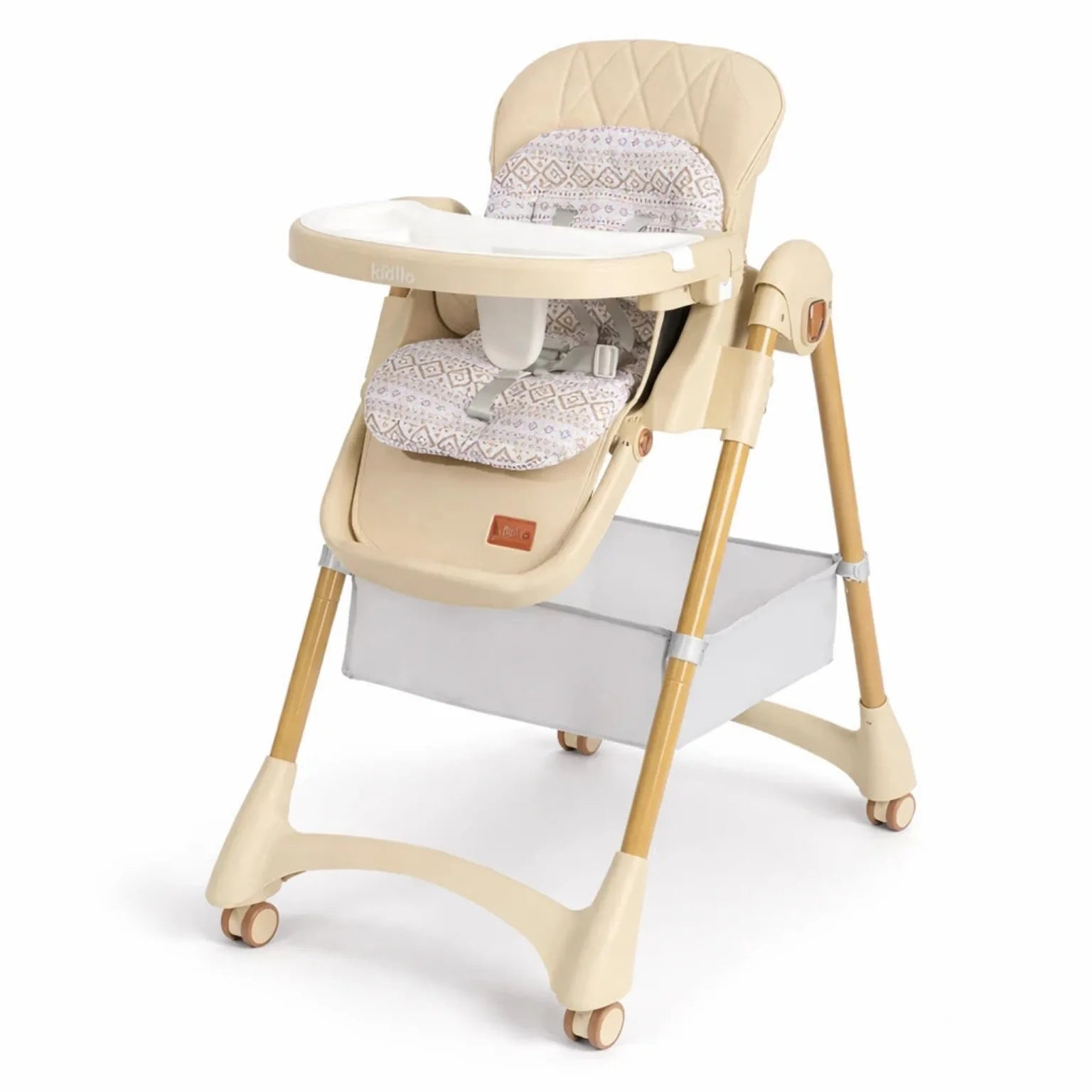 Kidilo KD3-3 Foldable Baby High Chair in Khaki with Feeding Tray and Space Saving Design