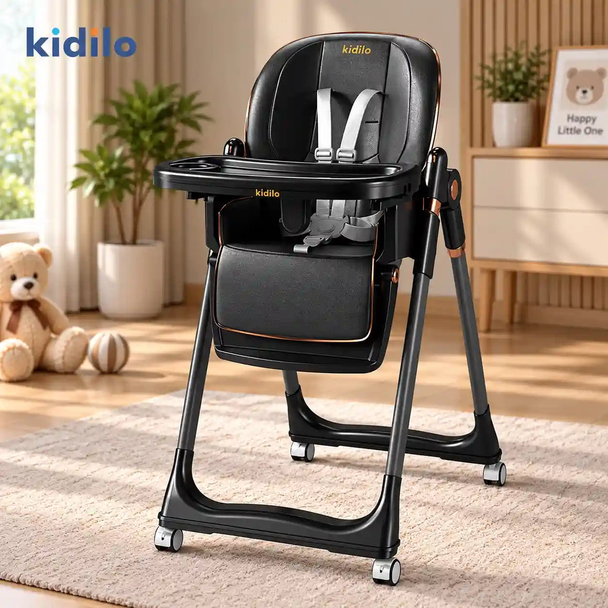 Kidilo 8122 baby high chair in black with feeding tray, safety harness and wheels