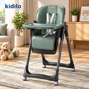Kidilo 8122 baby high chair in green with feeding tray, safety harness and wheels