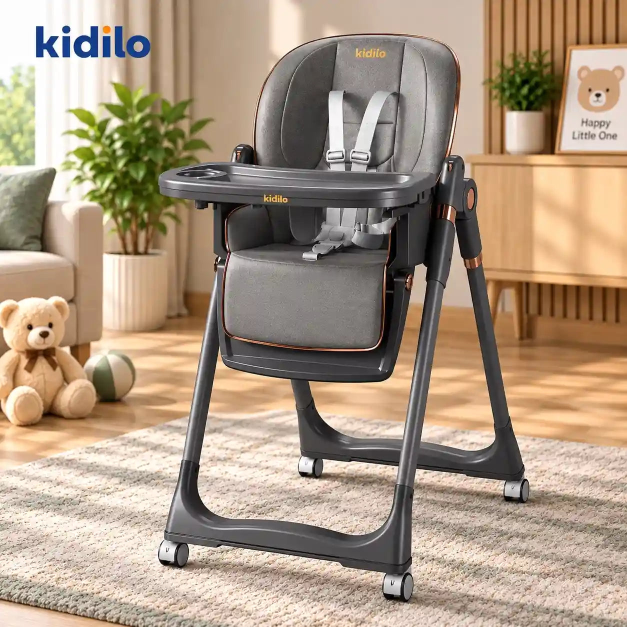Kidilo 8122 baby high chair in grey with feeding tray, safety harness and wheels