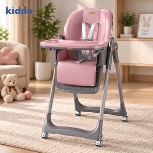 Kidilo 8122 baby high chair in pink with feeding tray, safety harness and wheels