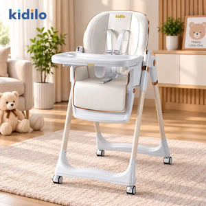 Kidilo 8122 baby high chair in white with feeding tray, safety harness and wheels