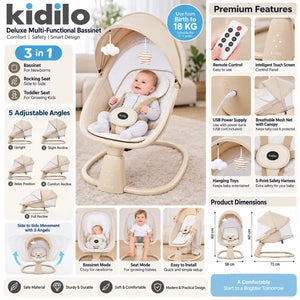 Kidilo RC003 baby bassinet and swing features with remote touch controls mesh canopy and safety harness