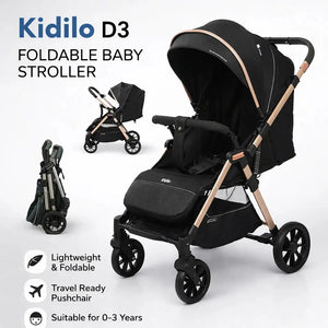 Kidilo D3 Foldable Baby Stroller in Black with Protective Canopy and Lightweight Travel Design