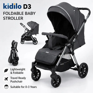 Kidilo D3 Black Baby Stroller with Foldable Frame Smooth Wheels and Storage Basket
