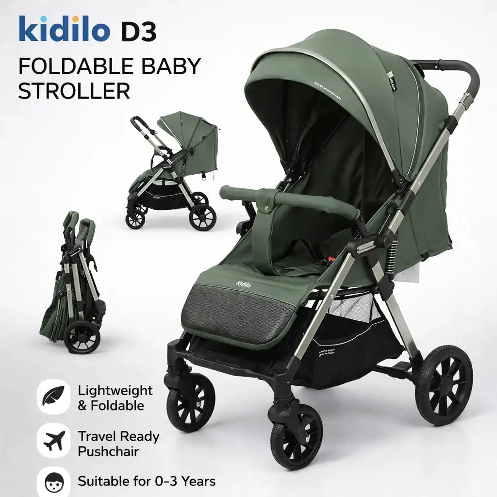 Kidilo D3 Foldable Baby Stroller in Green with Comfortable Seat Canopy and Smooth Wheels
